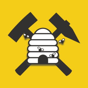 Das Logo der ERZHÜTTENIMKER zeigt einen Bienenkorb mit Bienen sowie dahinter Schlägel und Eisen. Der Hintergrund ist gelb.