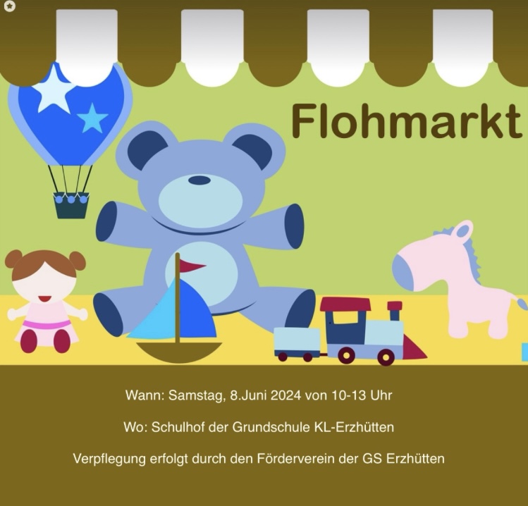 Flohmarkt auf dem Schulhof der Grundschule Erzhütten in Kaiserslautern. Veranstaltungsplakat.