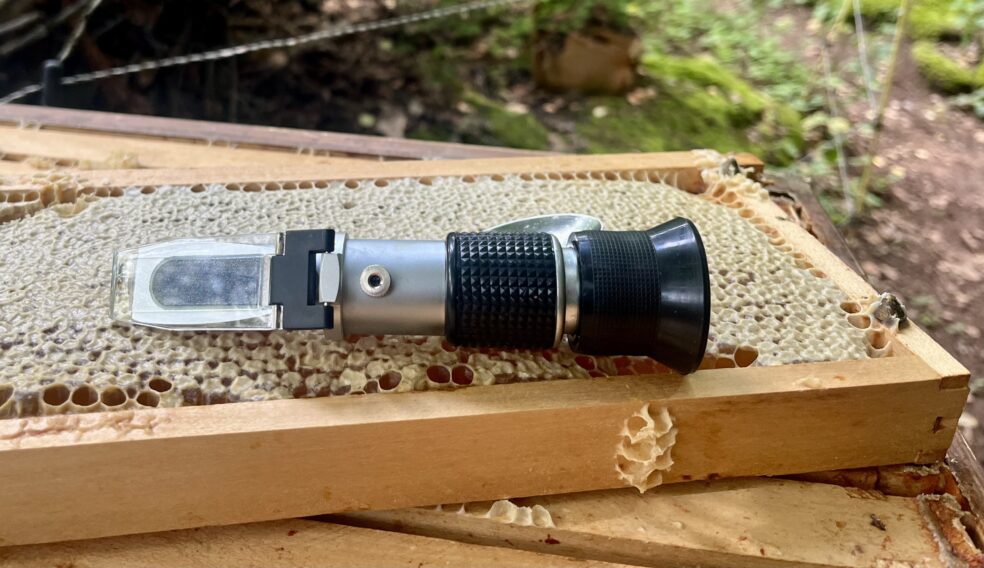 Ein Honig-Refraktometer liegt auf einer Honigwaben. Unter der Wabe sind die Holzrähmchen des Bienenstocks zu erkennen.