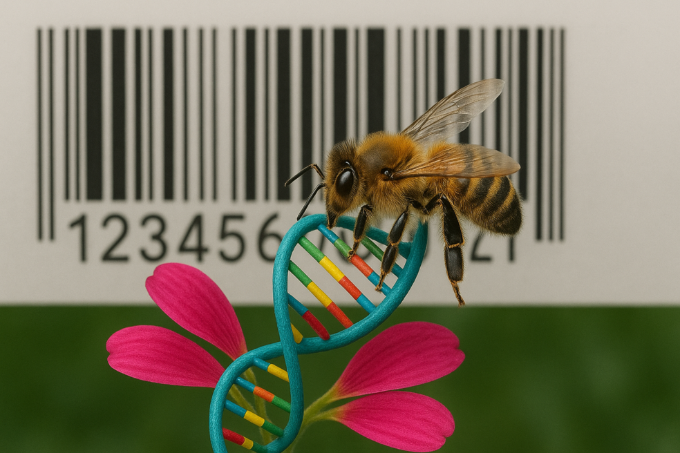 Das Foto zeigt eine Biene auf einer DNA-Helix mit Blütenblättern, wie eine Blume. Im Hintergrund ist ein Strichcode mit Zahlen zu erkennen.