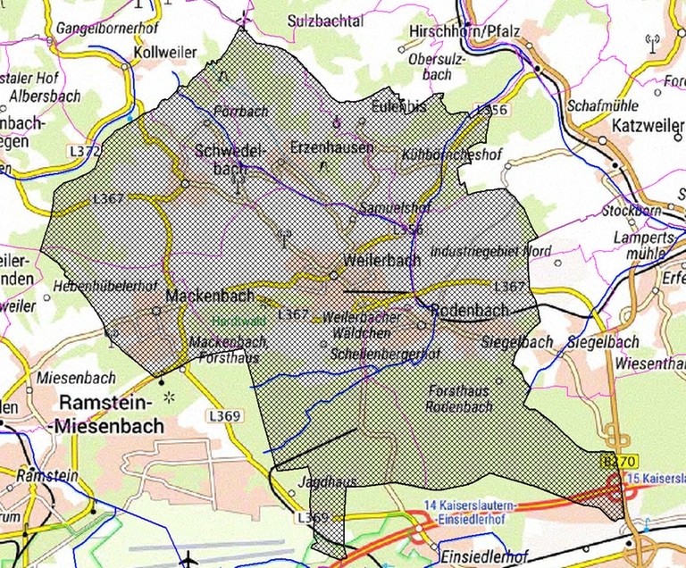 Das Foto zeigt einen Kartenausschnitt des Kreises Kaiserslautern. In halbtransparenter grauer Farbe ist ein Gebiet als Sperrbezirk markiert.