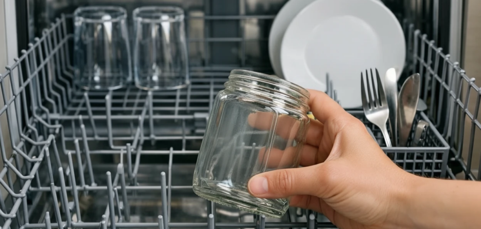 Eine Hand hält ein Honigglas und nimmt es aus einer Spülmaschine.